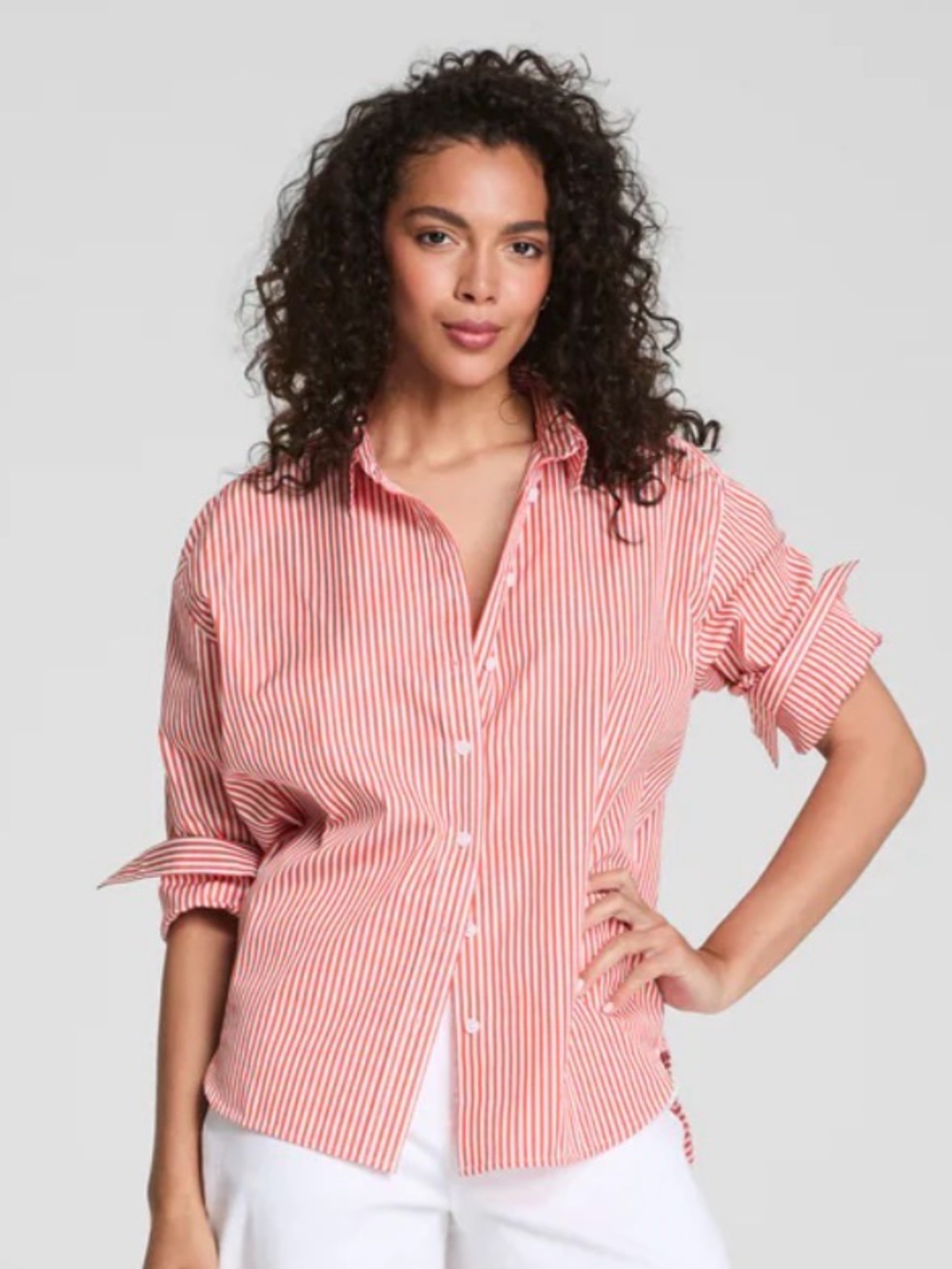 SPANX Red and White Poplin Striped Button-Down Shirt